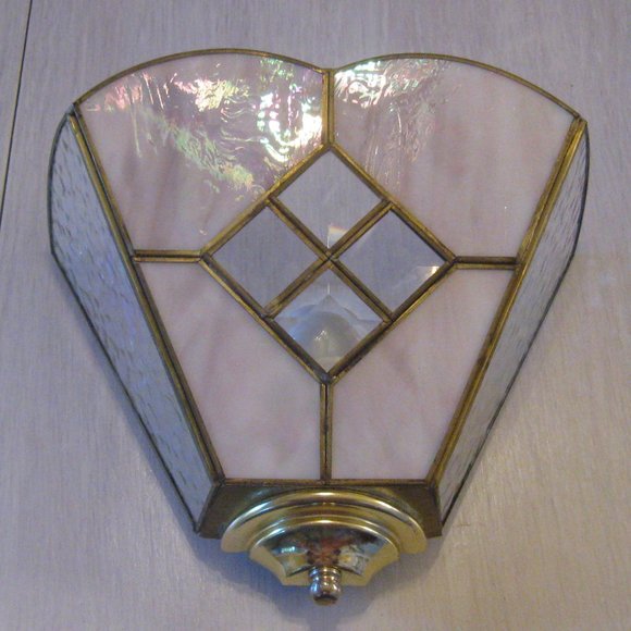 Art Deco Stained Glass Wall Sconce Pink Iridescent Glass and Polished Gold - Picture 1 of 10